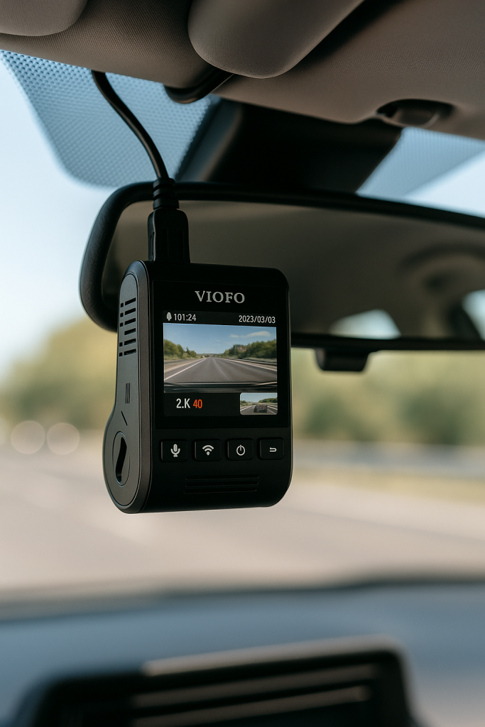 Close interior shot of a Viofo A229 series dash cam behind the rearview mirror, highway bokeh outside, screen shows front and rear thumbnails, neat cable tucked under headliner, natural daylight