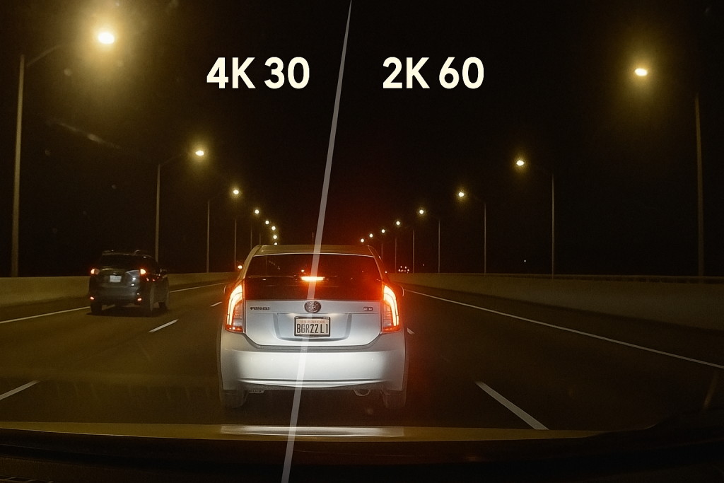Close interior shot of a Viofo A229 series dash cam behind the rearview mirror, highway bokeh outside, | video quality differences viofo A229 pro vs Viofo A229 plus