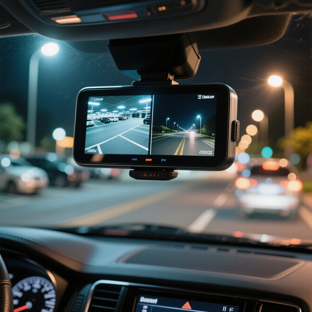 Modern dash cam mounted on windshield with split-screen showing daytime and nighttime parking lot surveillance footage