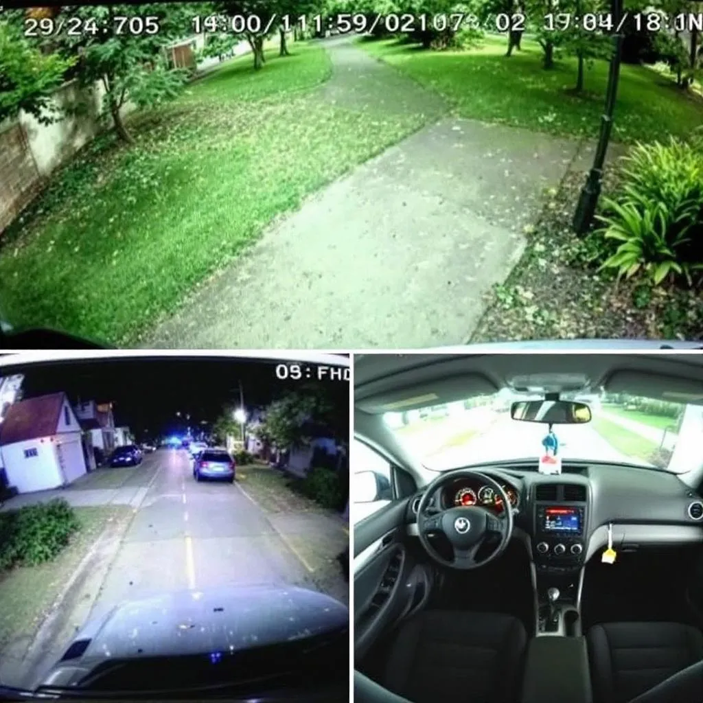 Three-panel view showing front, rear, and interior camera feeds from a parked car with timestamp overlay | Best Parking Mode Dash Cams
